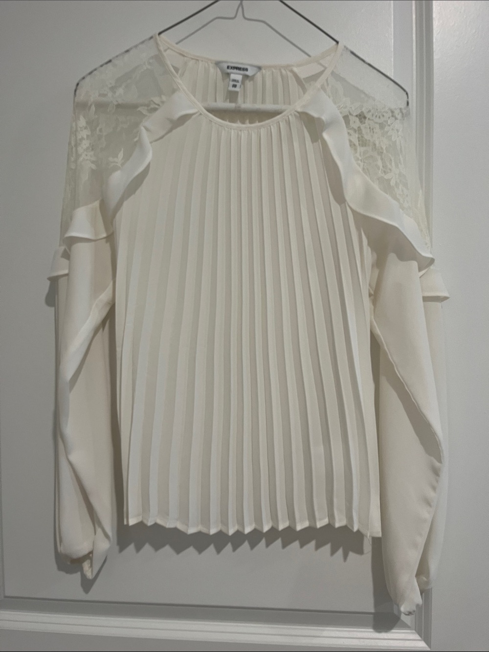 Express Ivory Pleated Lace Ruffle Cold-Shoulder Blouse